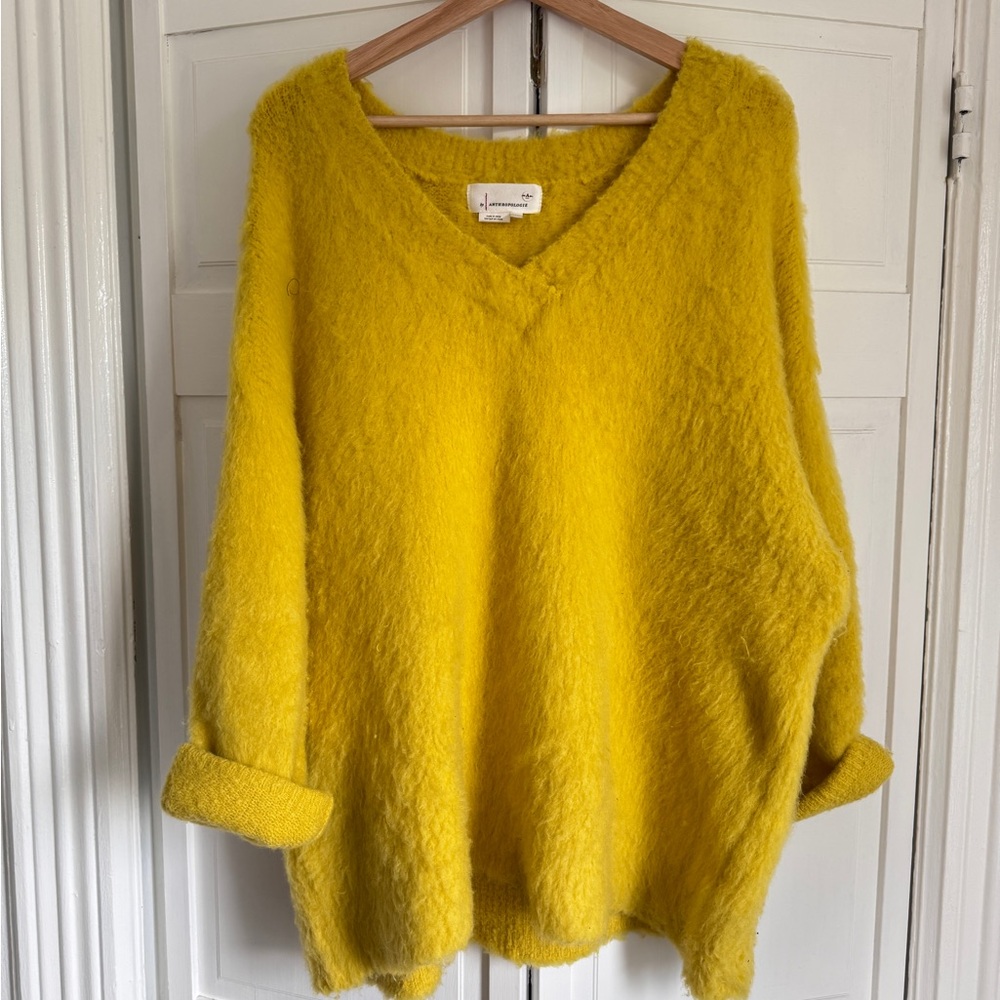 Anthropologie Yellow V-Neck Sweater with Rolled Sleeves